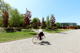 STrauma Landschaftsarchitektur Berlin landscape architects Rathausplatz Hennigsdorf Pflasterstraße Radfahrerin